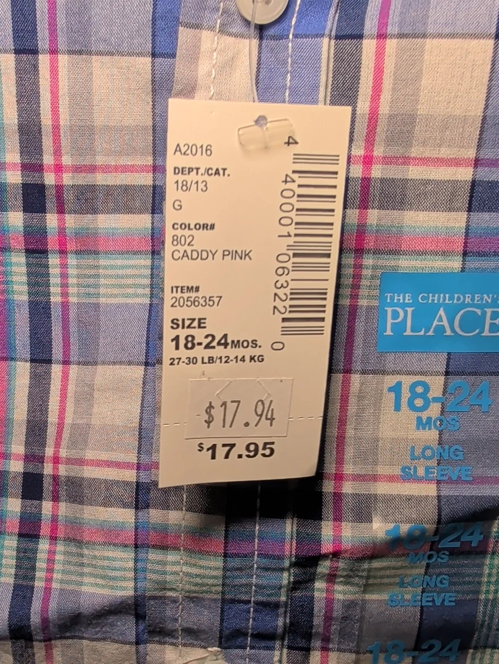 Children's Place Plaid Button Down Shirt Blue White Pink New Boys Size 18-24M